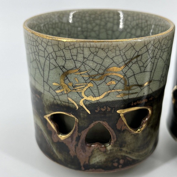 Vtg 4 Green Brown Somayaki Japan Double Wall Crackle Glazed Heart Tea Cups 200ml - Picture 4 of 16
